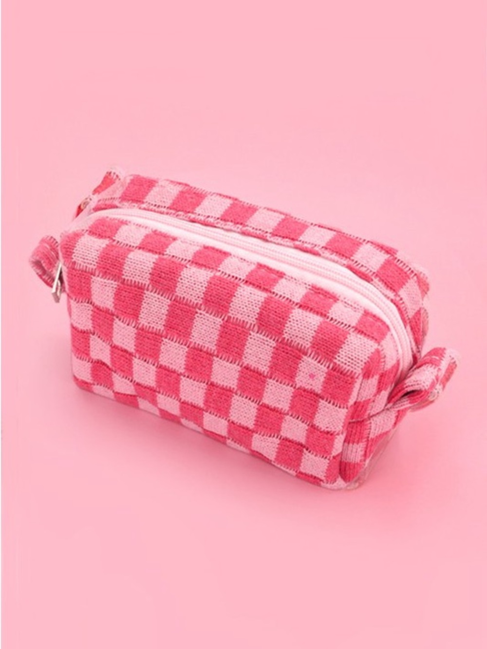 Pink Checkered Zip Cosmetic Pouch - Unbranded
